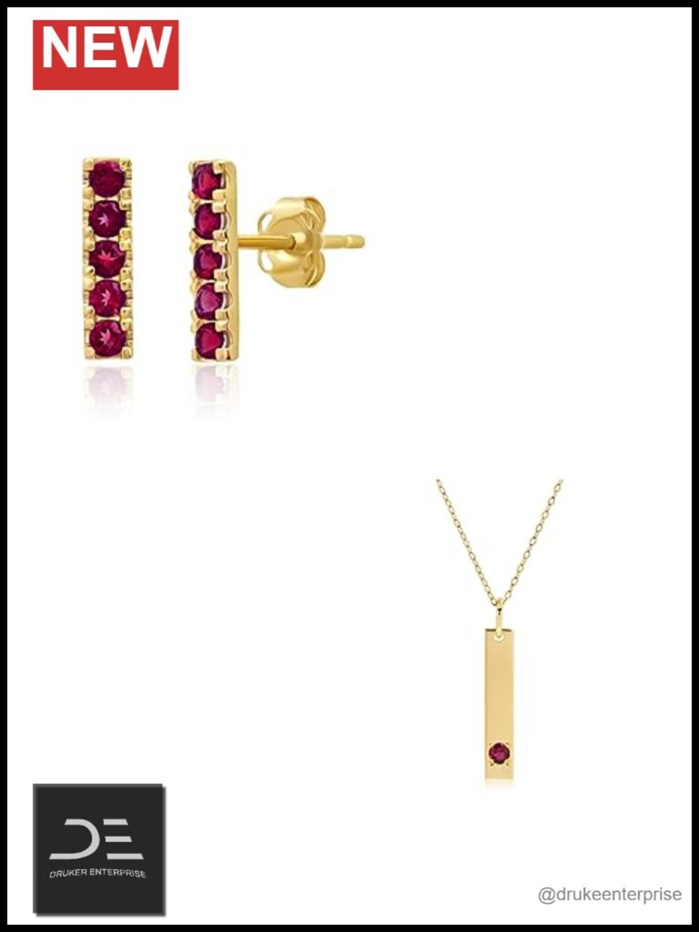 14k Yellow Gold Ruby Stud Earring & Pendant Necklace Set